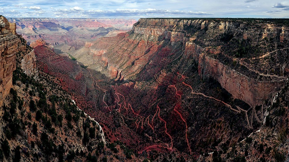 A view of the upper Bright Angel Trail from Hermit Road on the South Rim of Grand Canyon.