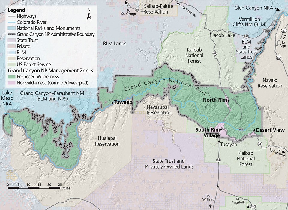Map, Grand Canyon region, showing land uses and management agencies for various jurisdictions, including National Park Service, Hualapai Reservation, State Trust, privately owned lands, Kaibab National Forest, Navajo Reservation, Bureau of Land Management