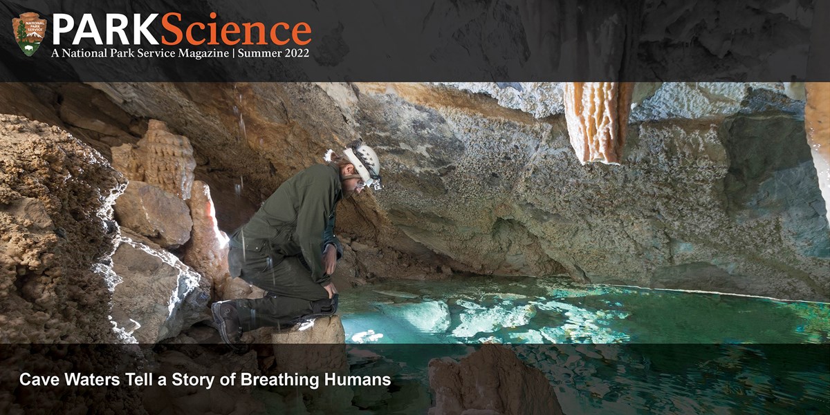 A uniformed National Park Service employee with a helmet and light kneels on a cave floor overlooking a cave pool. A black banner on top of picture has Park Science magazine logo. Banner on bottom says, "Cave Waters Tell a Story of Breathing Humans."