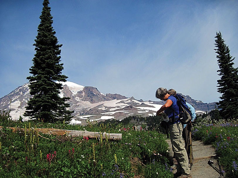 MeadoWatch volunteers Weedy McCauley and Karen Davis survey one of nine sites to document the presence and absence of four phenophases of 10 focal wildflower species (buds, flowers, fruits, seeds).