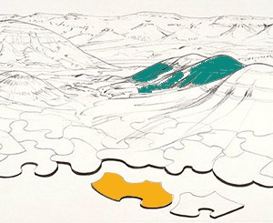 Geologic jigsaw puzzle. Image credit: NPS Black and white drawing of a jigsaw puzzle depicting mountains. One of the mountains is a green color. One of the puzzle pieces in front is a yellow color.