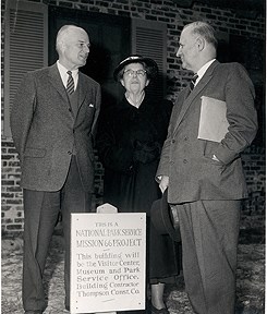lt= The President and founder of Fort Frederica Association stand together with Director Conrad Wirth during the dedication of the Visitor Center.