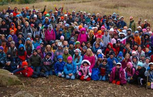 A large group photograph of adults and children on the Ice Age National Scenic Trail