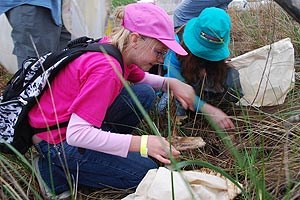 Two young girls participate in an environmental education activity.