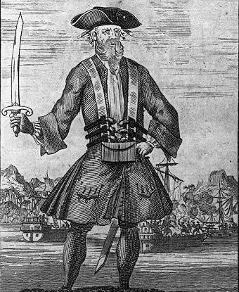 historic engraved print of a bearded pirate in a tricorn hat carrying a sword