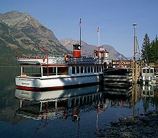 Tour boat docked in a port at Glacier National Park