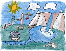 lt= A student drawing of mountains and a waterfall; completed at Glacier National Park