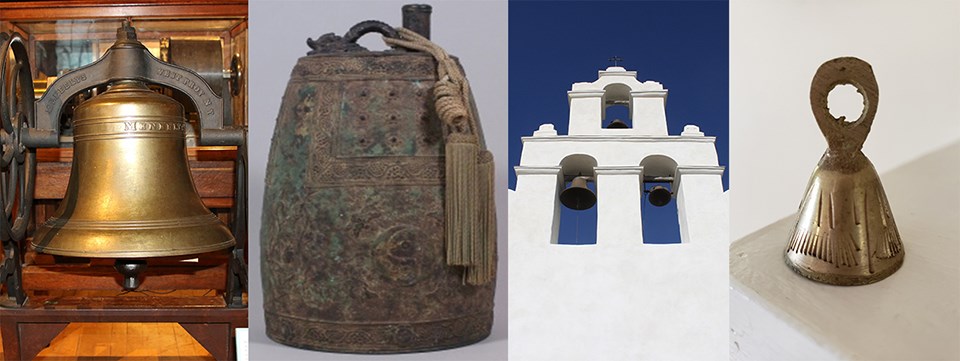 series of four bells -- a large hanging bell, an Asian bell, mission bells, and a small brass bell