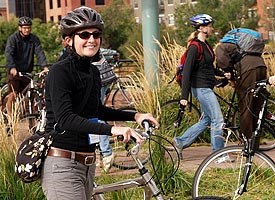 Bikers utilizing an urban bike trail.