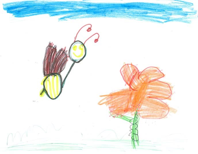 A child's drawing of a smiling bee, an orange flower, and a blue sky.