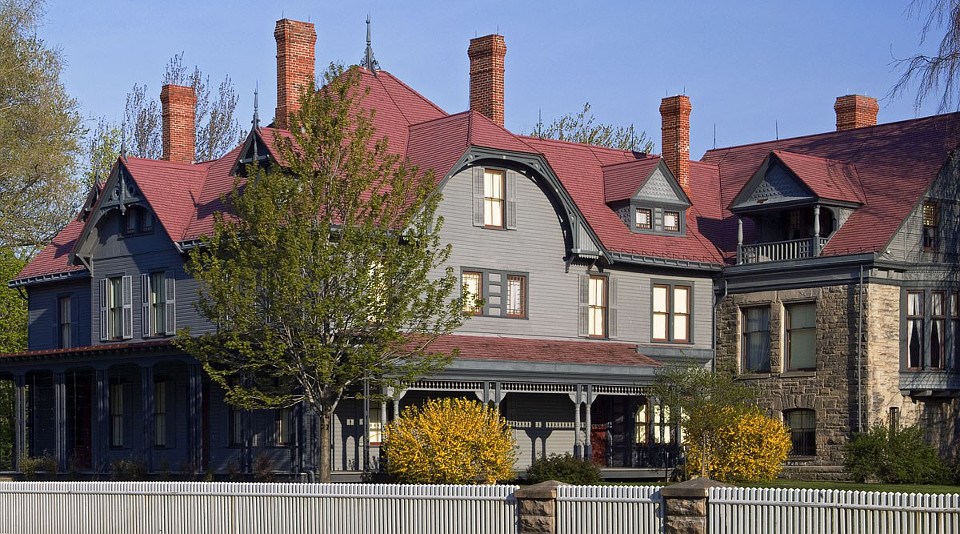 View of James A Garfield home in spring