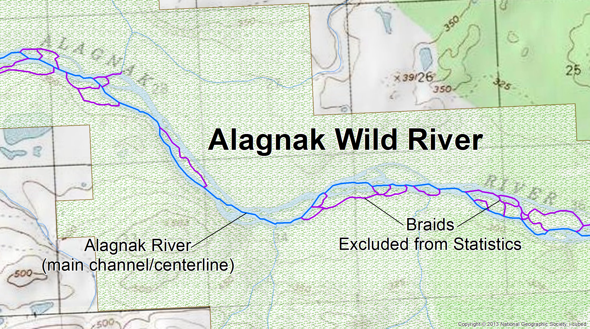 The Alagnak River in Alaska is a complex river system that contains several braids (purple). Only the main channel (blue) of the river system is included in the statistics.