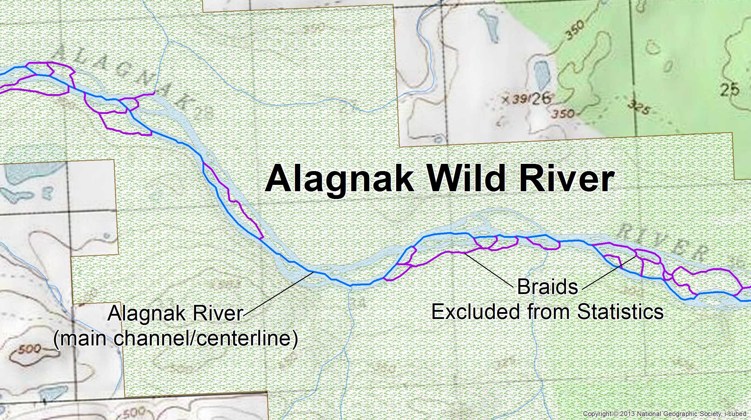 lt= The Alagnak River in Alaska is a complex river system that contains several braids (purple). Only the main channel (blue) of the river system is included in the statistics.