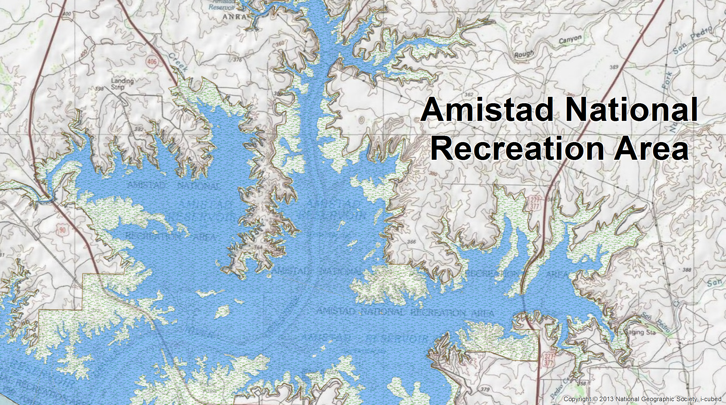 The image to the right represents the southeastern portion of Amistad National Recreation Area and the Amistad Reservoir from NHDWaterbody is delineated in blue.
