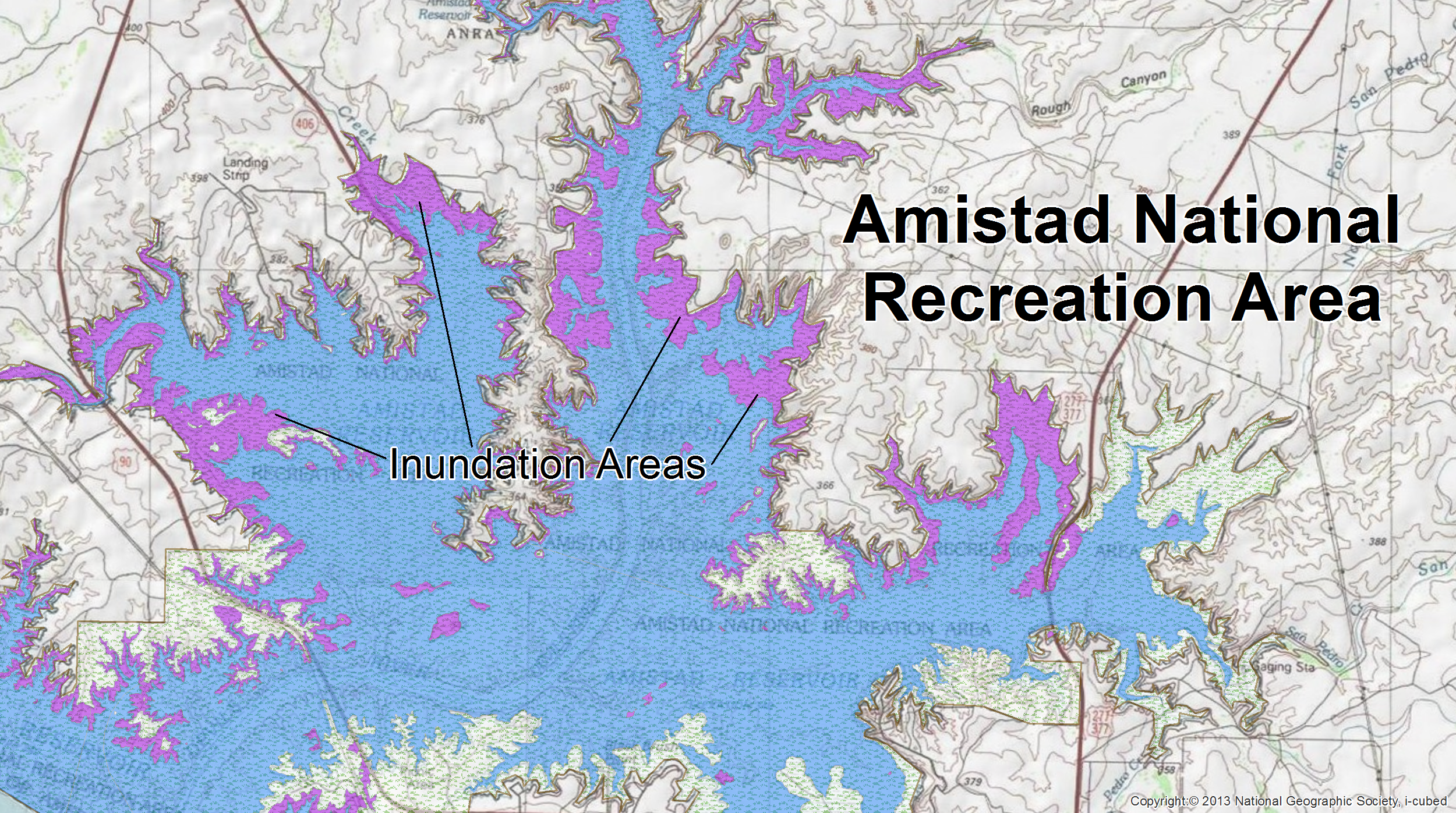The purple polygon represents the NHDArea depiction of inundation areas surrounding the Amistad Reservoir.