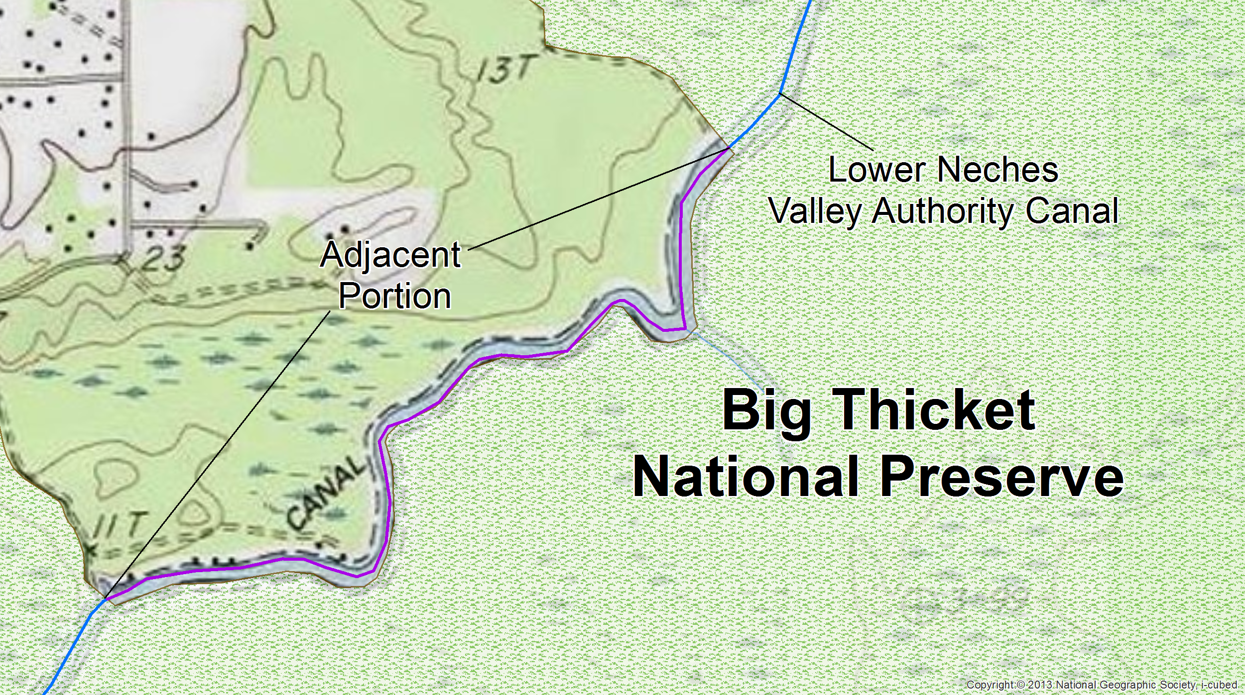 In Big Thicket National Preserve, the straddling section of the Lower Neches Valley Authority Canal was parsed from the rest of canal and identified as adjacent.
