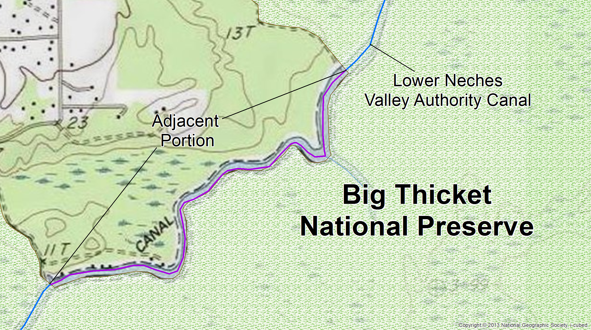 lt= In Big Thicket National Preserve, the straddling section of the Lower Neches Valley Authority Canal was parsed from the rest of canal and identified as adjacent.