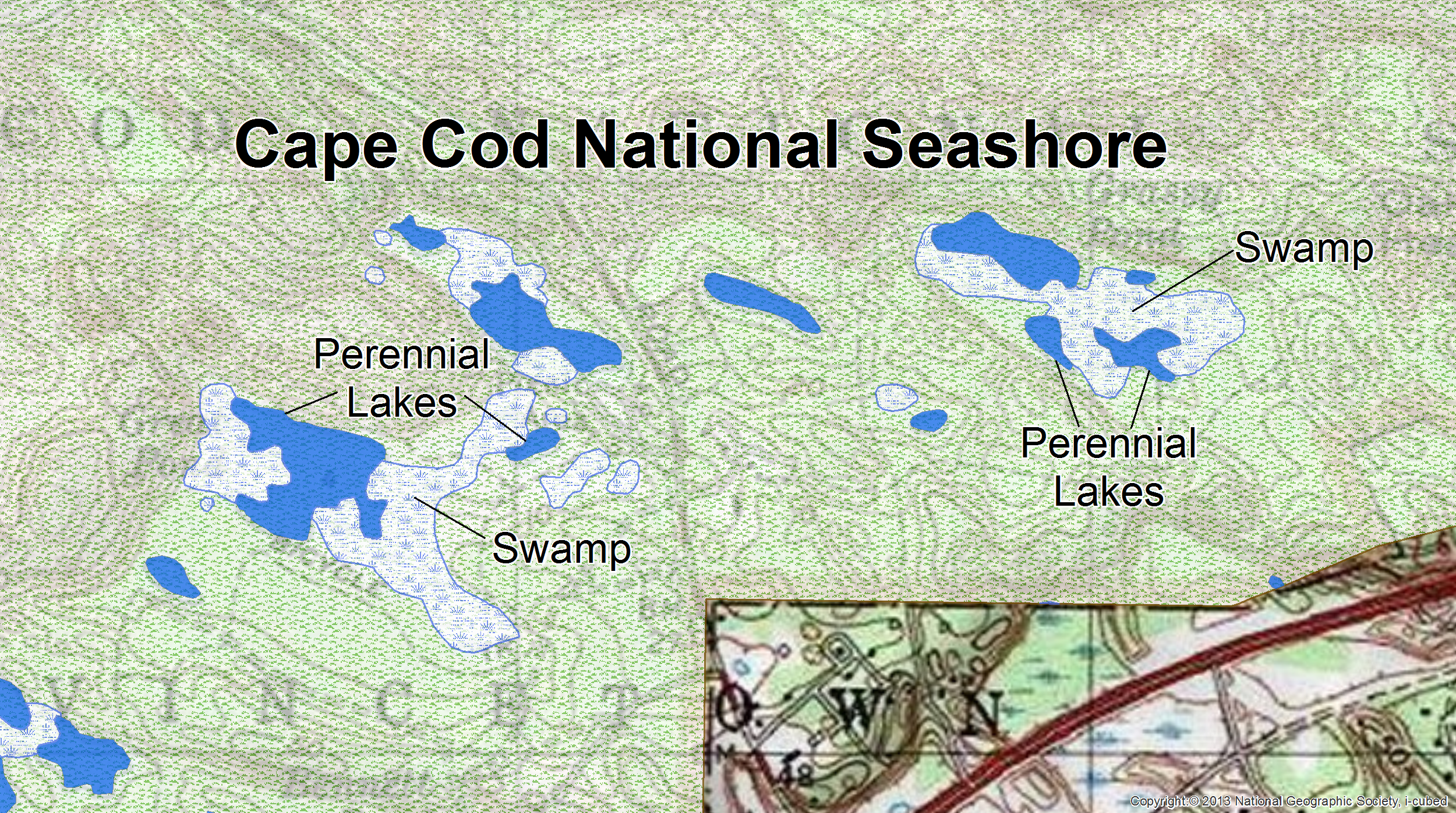 lt= In the case of Cape Cod National Seashore, each blue polygon represents a pond identified by NHD. Since the number of lakes within marshy areas is bound to vary, each polygon was counted as a lake.