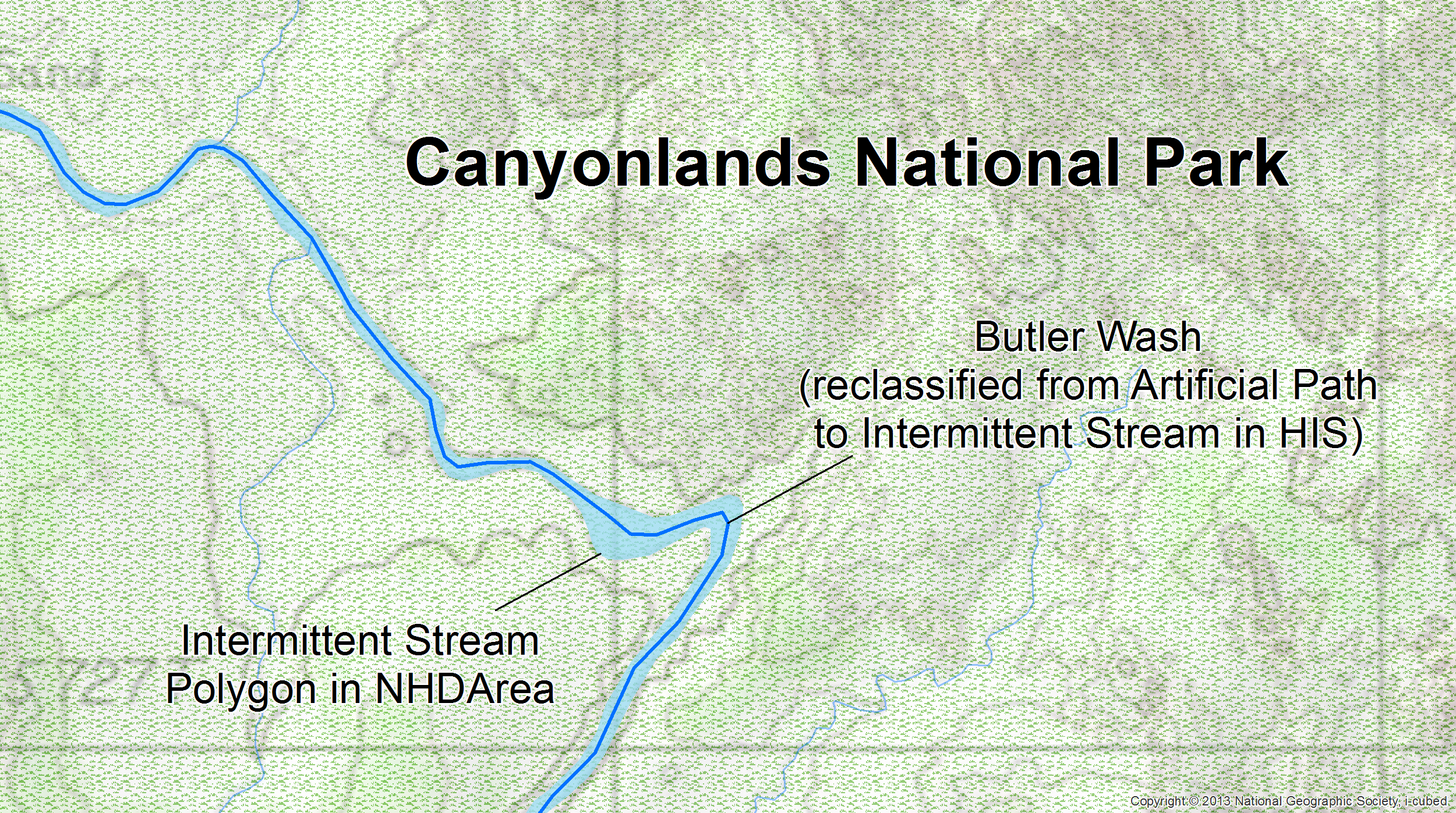 Since Butler Wash in Canyonlands National Park was classified as an intermittent stream polygon in NHDArea, the centerline artificial path was reclassified as an intermittent stream in HIS flowline statistics.