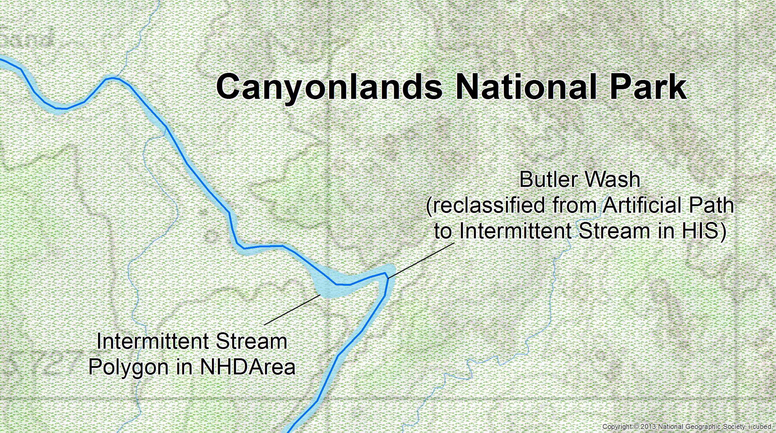 lt= Since Butler Wash in Canyonlands National Park was classified as an intermittent stream polygon in NHDArea, the centerline artificial path was reclassified as an intermittent stream in HIS flowline statistics.