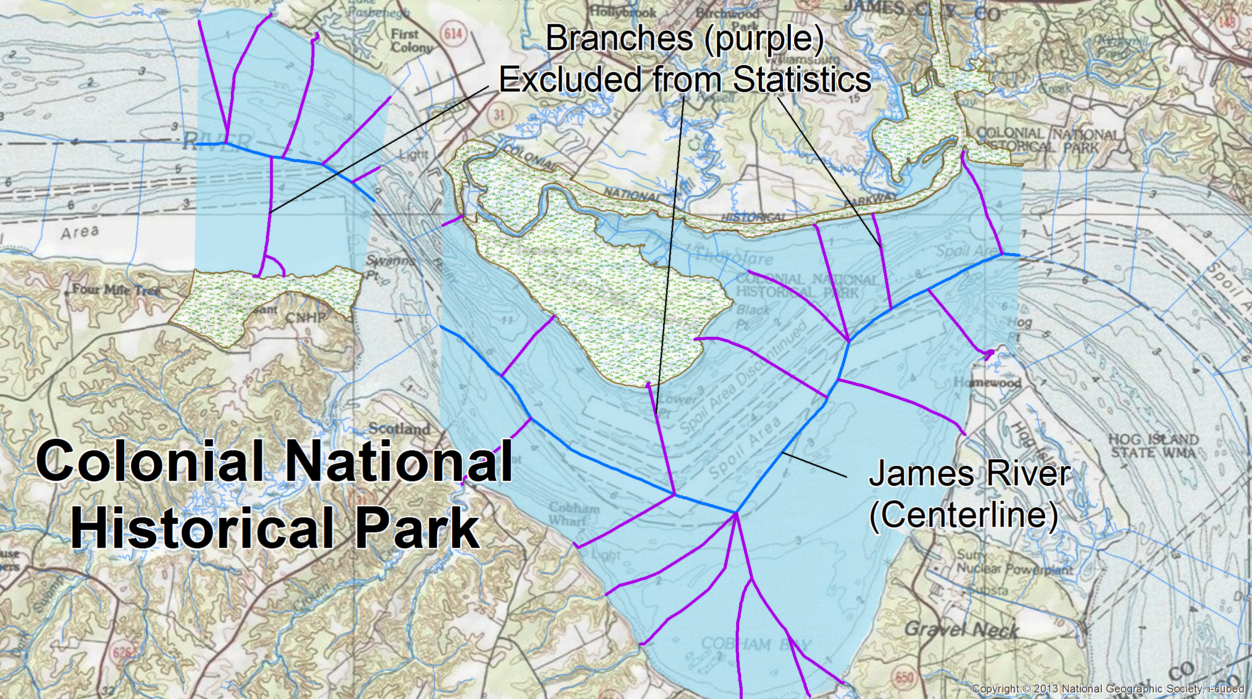 Flowline "branches" (purple) exist in NHD to enforce network connectivity in order to model water flow. They were not tagged as centerlines and, consequently, were excluded from the park's hydrographic statistics.