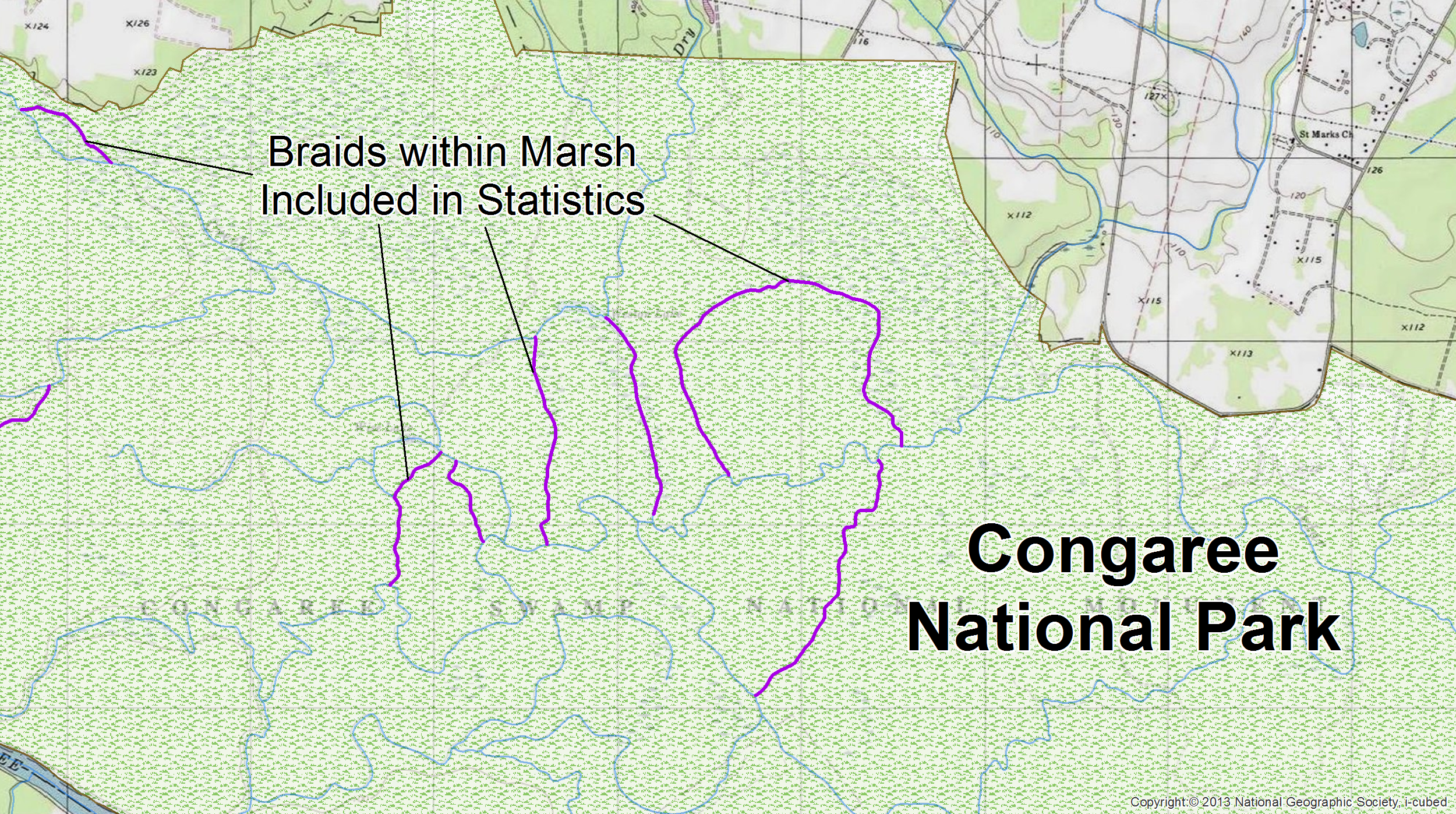 lt= In Congaree National Park, several braids (purple) are distributed throughout the marsh. In these situations, all flowlines were tagged as centerlines and included in the stream statistics.