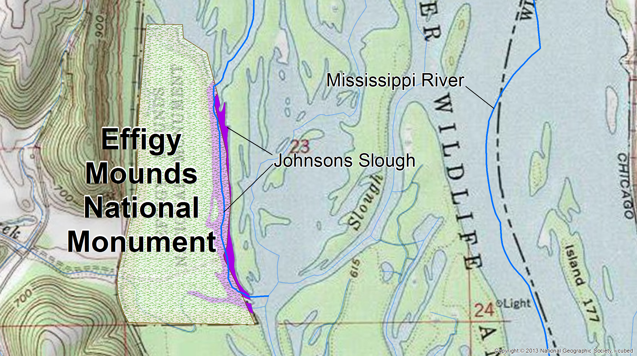 only the adjacent linear segment of Johnsons Slough and the purple areal polygon were attributed as adjacent in HIS.