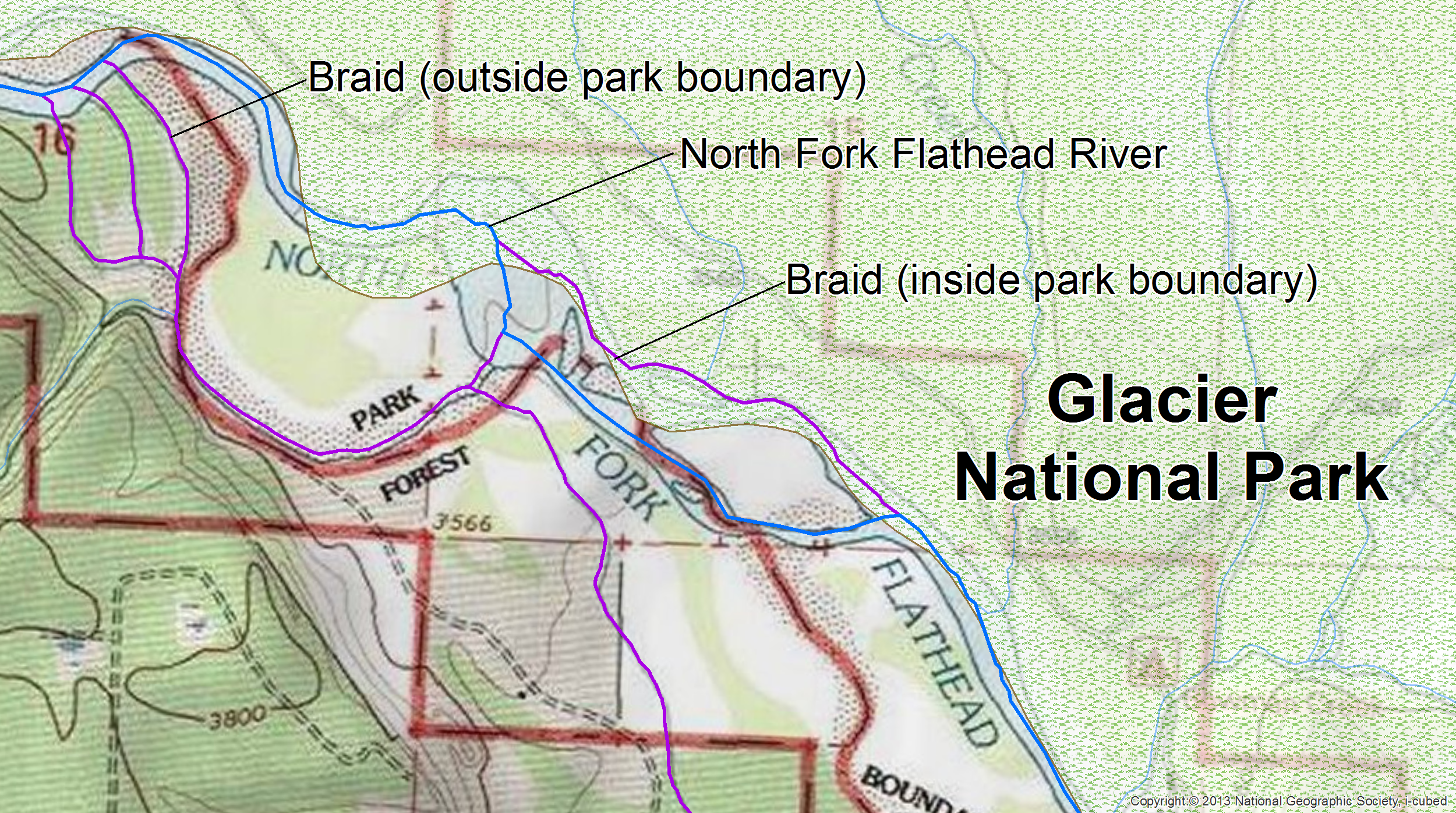 The North Fork Flathead River contains several braids (purple), some of which are outside of the park boundary. While the entire river system was attributed as adjacent, only the mainstem (blue) was tagged as centerline.