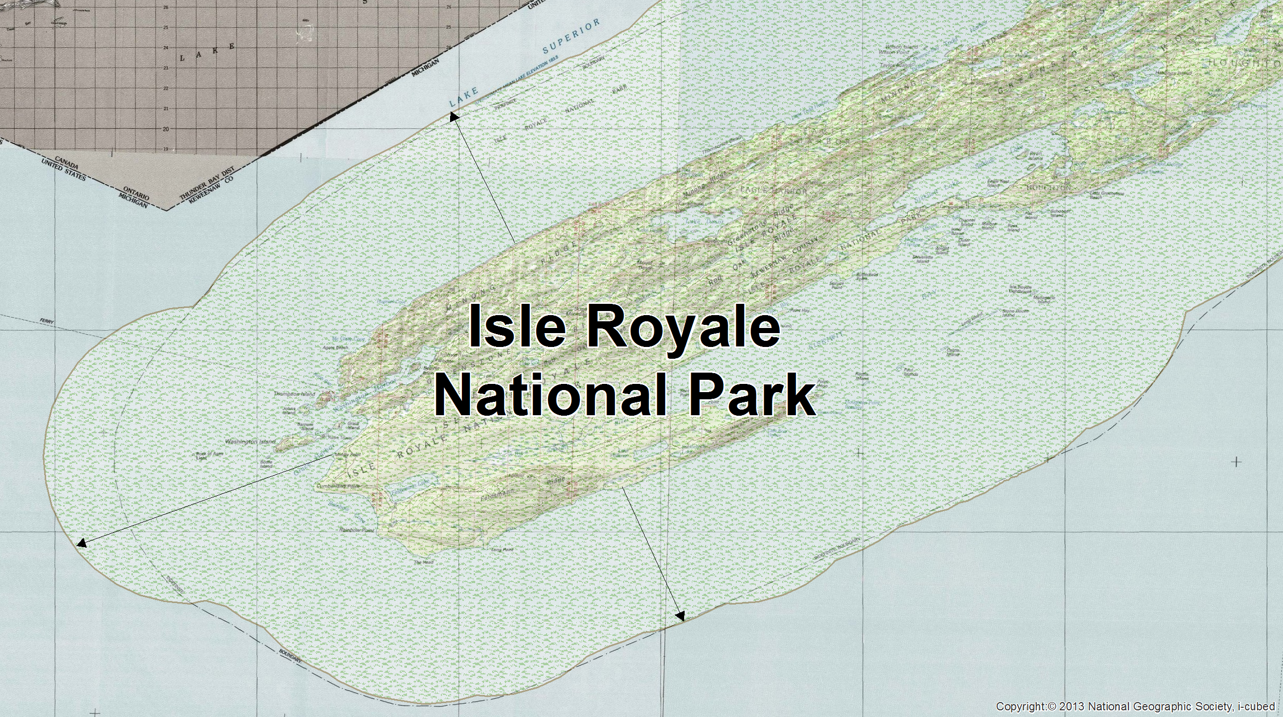 Any polygonal features that intersect the park boundary will contain "false" shorelines.