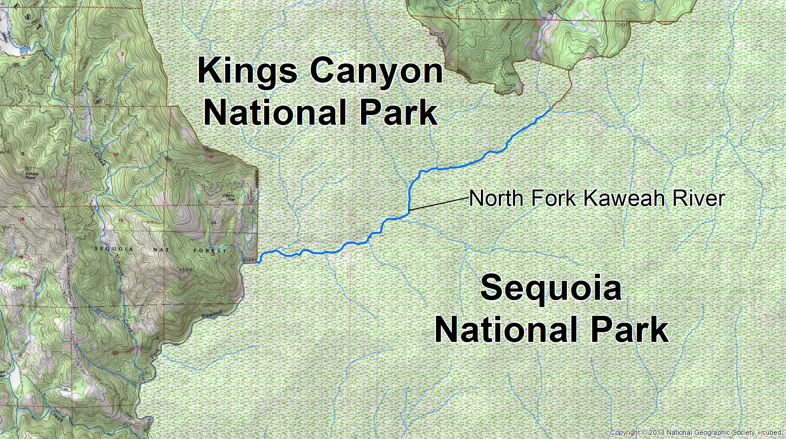 In the case of Sequoia and Kings Canyon National Parks, each park gets credit for the 3.84 mile shared portion of the North Fork Kaweah River, but the service-wide summation only includes this segment once.