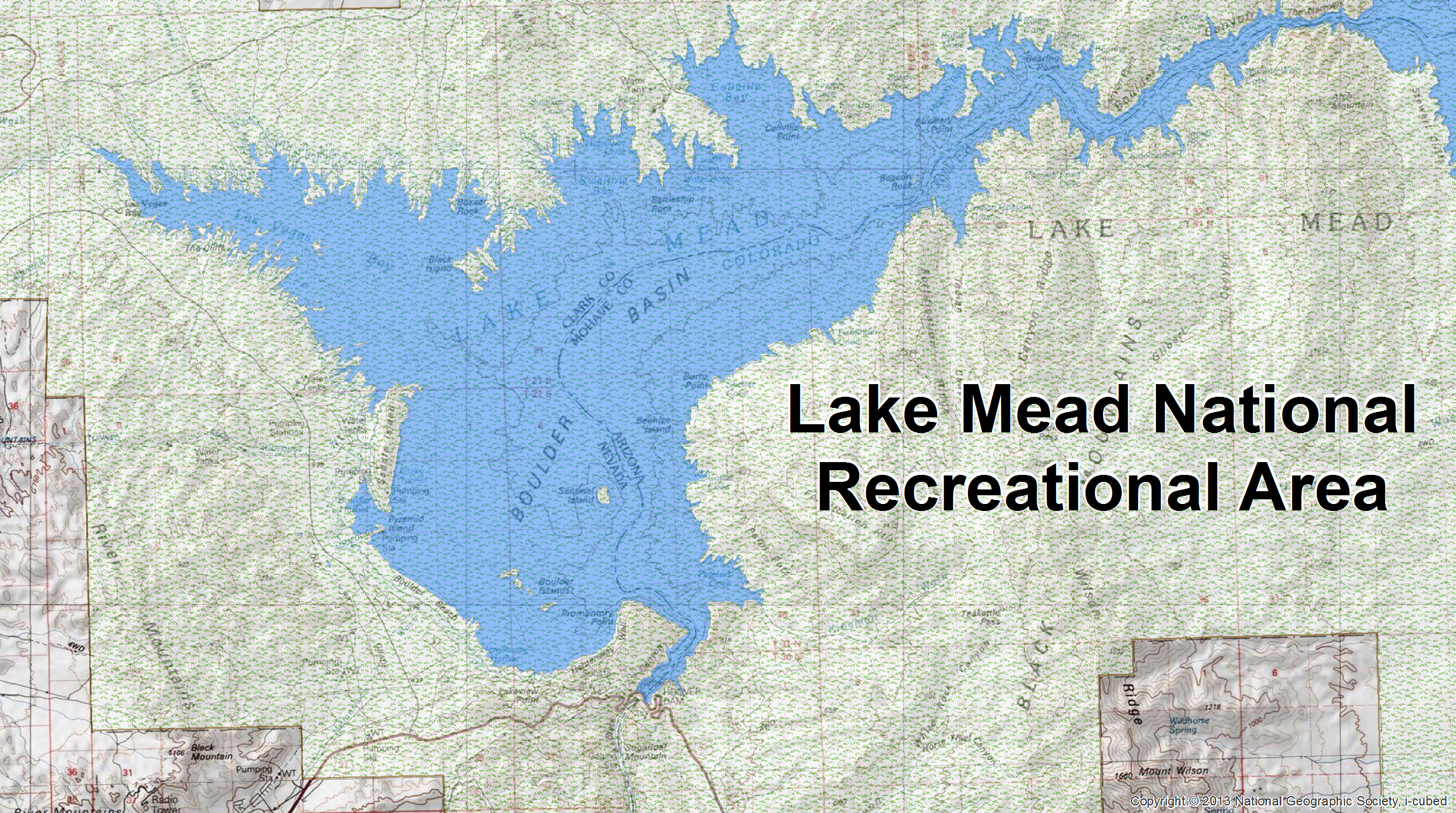 This is an image of part of Lake Mead National Recreational Area. The blue polygon is the NHDWaterbody delineation of Lake Mead.
