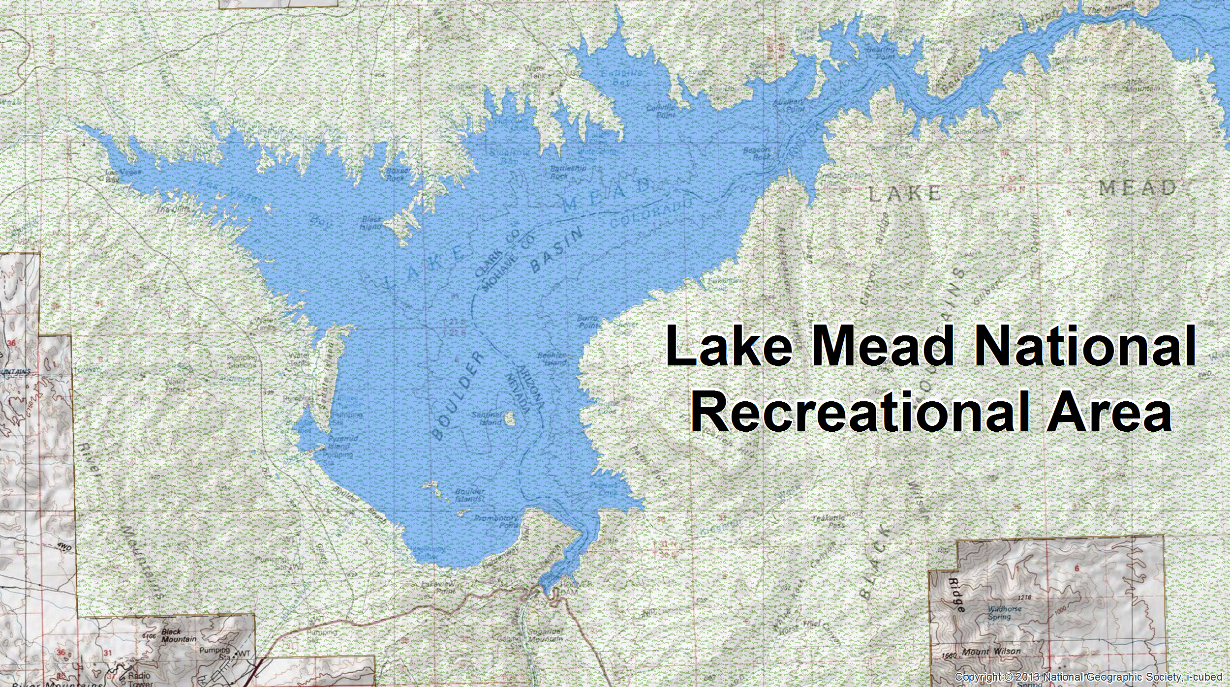 lt= This is an image of part of Lake Mead National Recreational Area. The blue polygon is the NHDWaterbody delineation of Lake Mead.