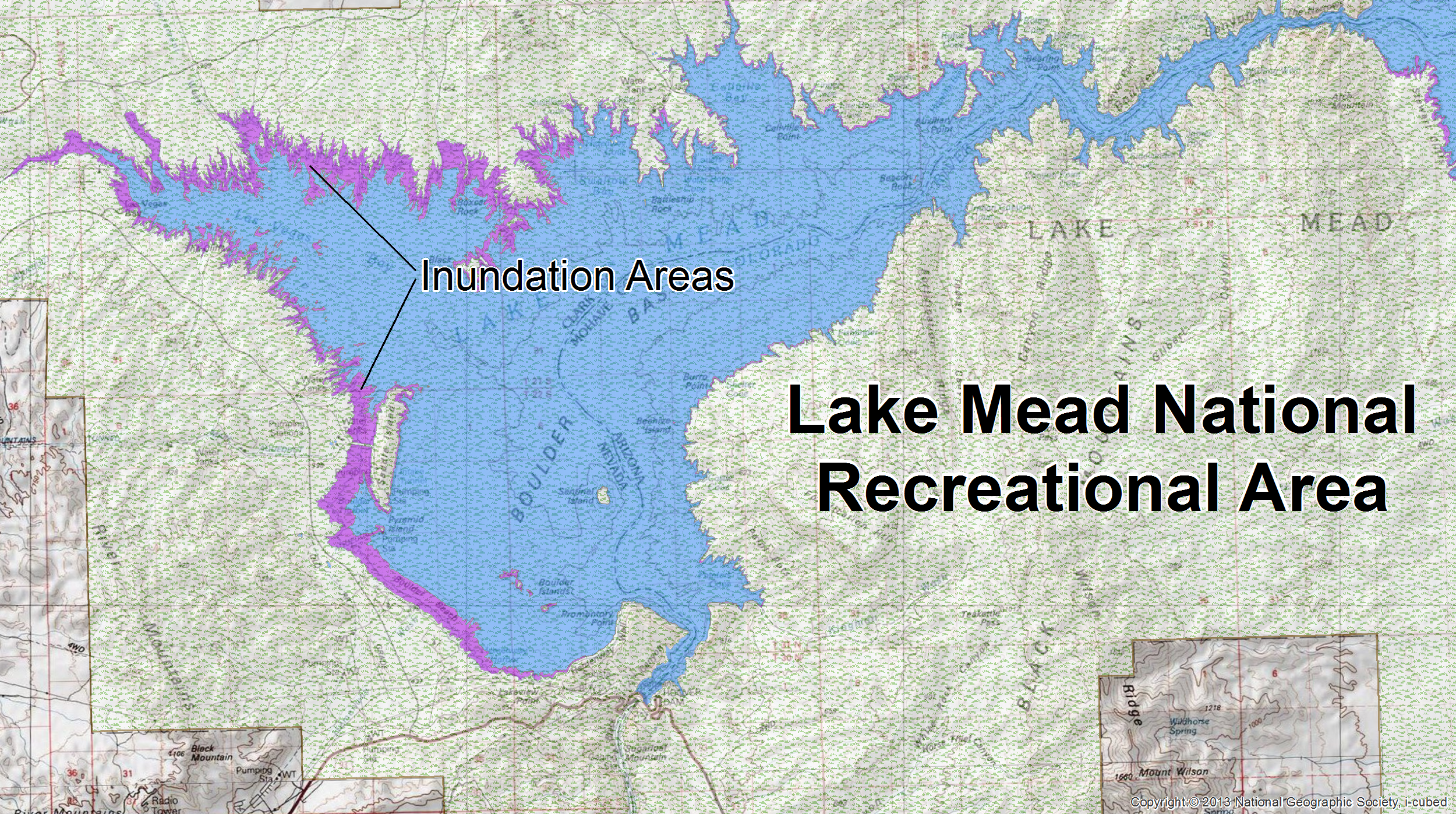 The purple polygon is the NHDArea representation of the inundation areas surrounding Lake Mead.