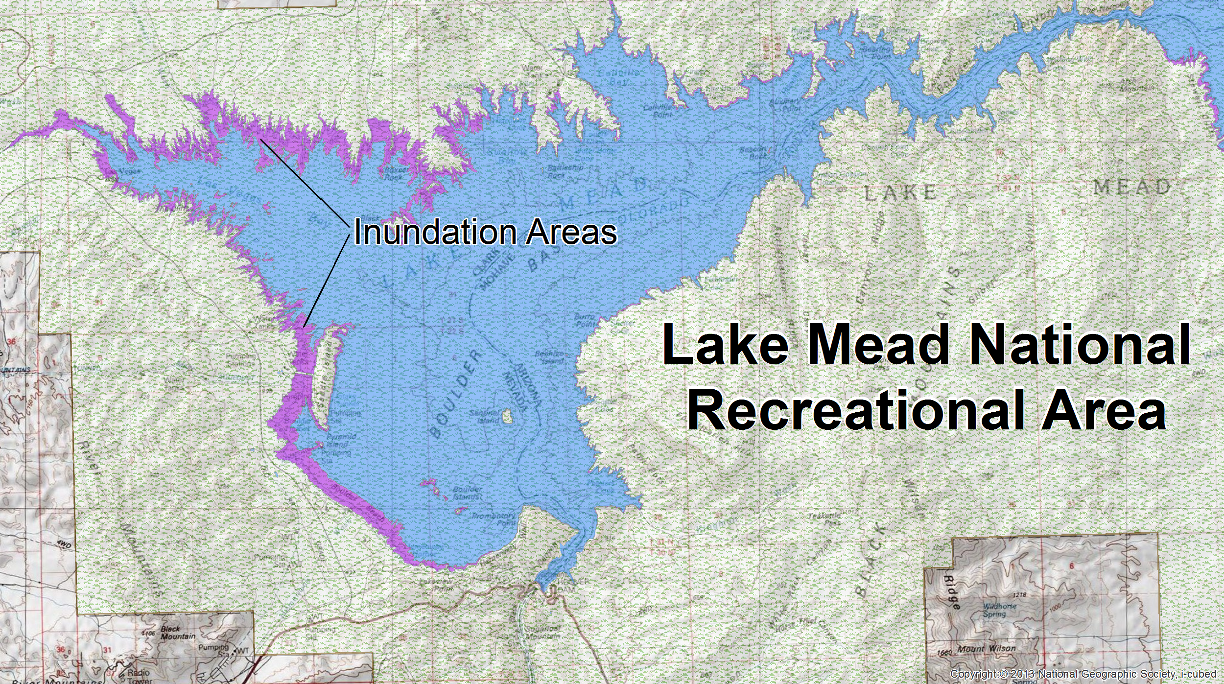 lt= The purple polygon is the NHDArea representation of the inundation areas surrounding Lake Mead.