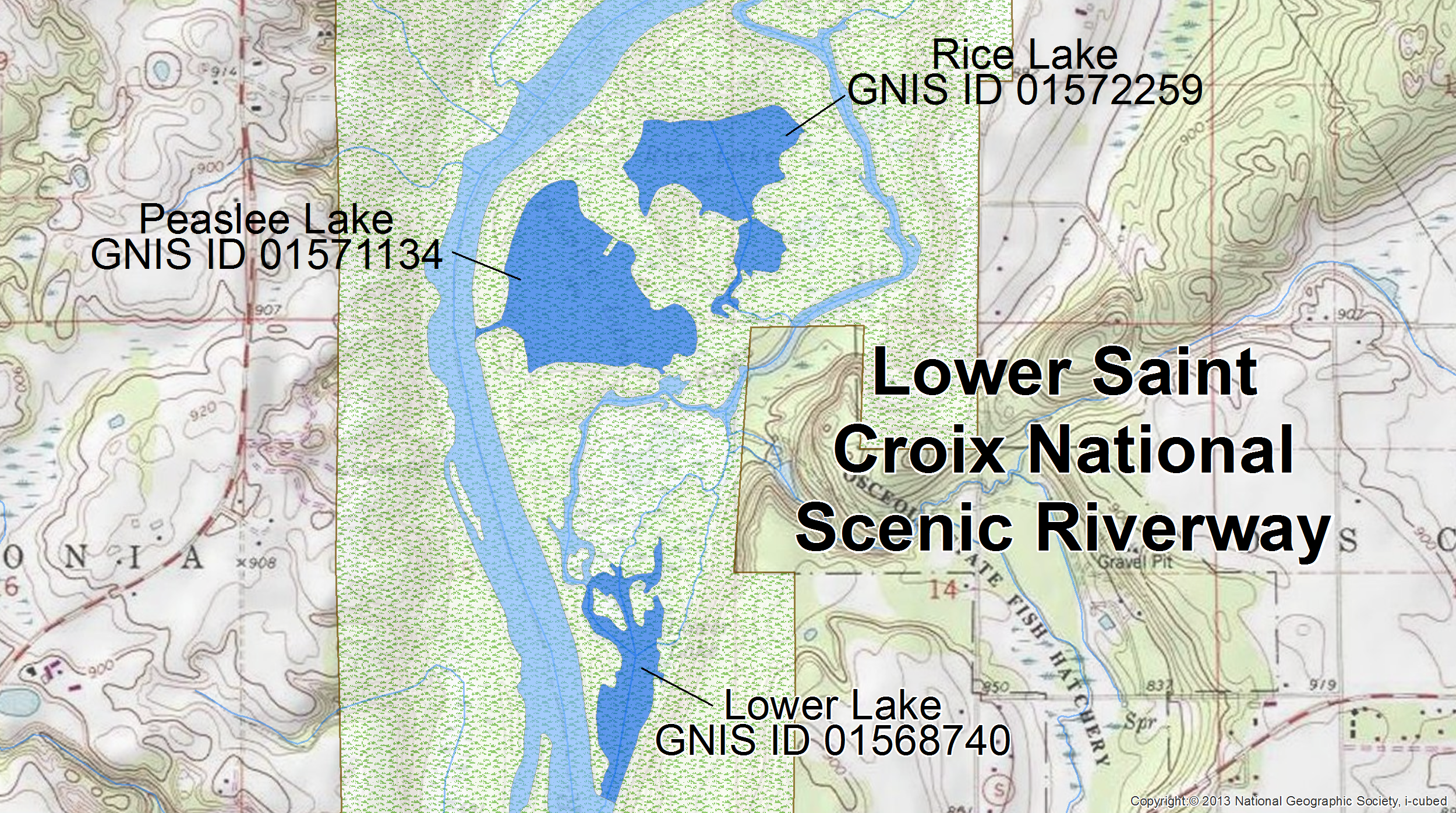 As shown in Lower Saint Croix National Scenic Riverway, the blue polygons are Rice Lake, Peaslee Lake, and Lower Lake. Since each polygon has unique GNIS names, they are each given a unique value in the "LakeCountID" field.