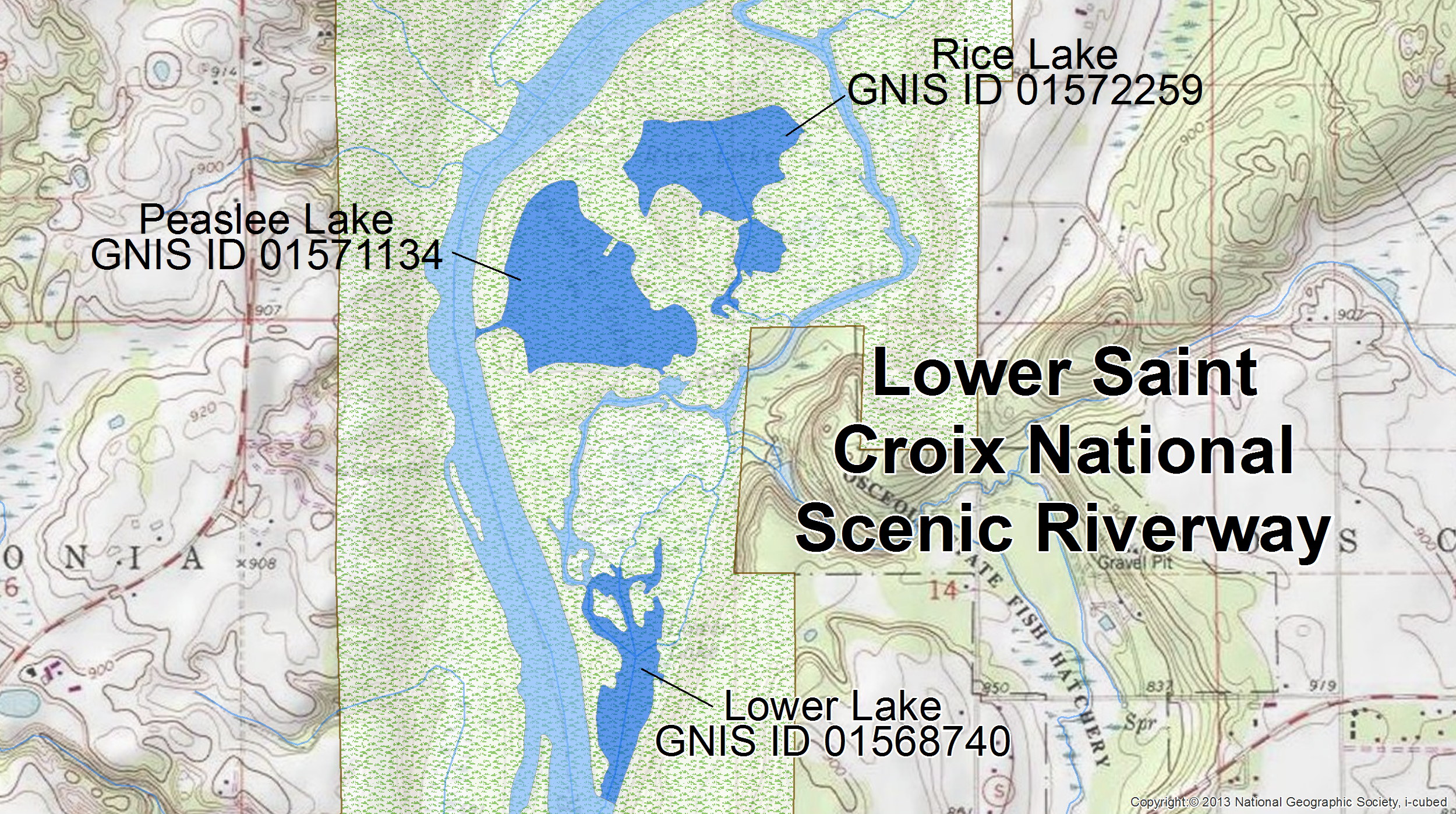 lt= As shown in Lower Saint Croix National Scenic Riverway, the blue polygons are Rice Lake, Peaslee Lake, and Lower Lake. Since each polygon has unique GNIS names, they are each given a unique value in the "LakeCountID" field.