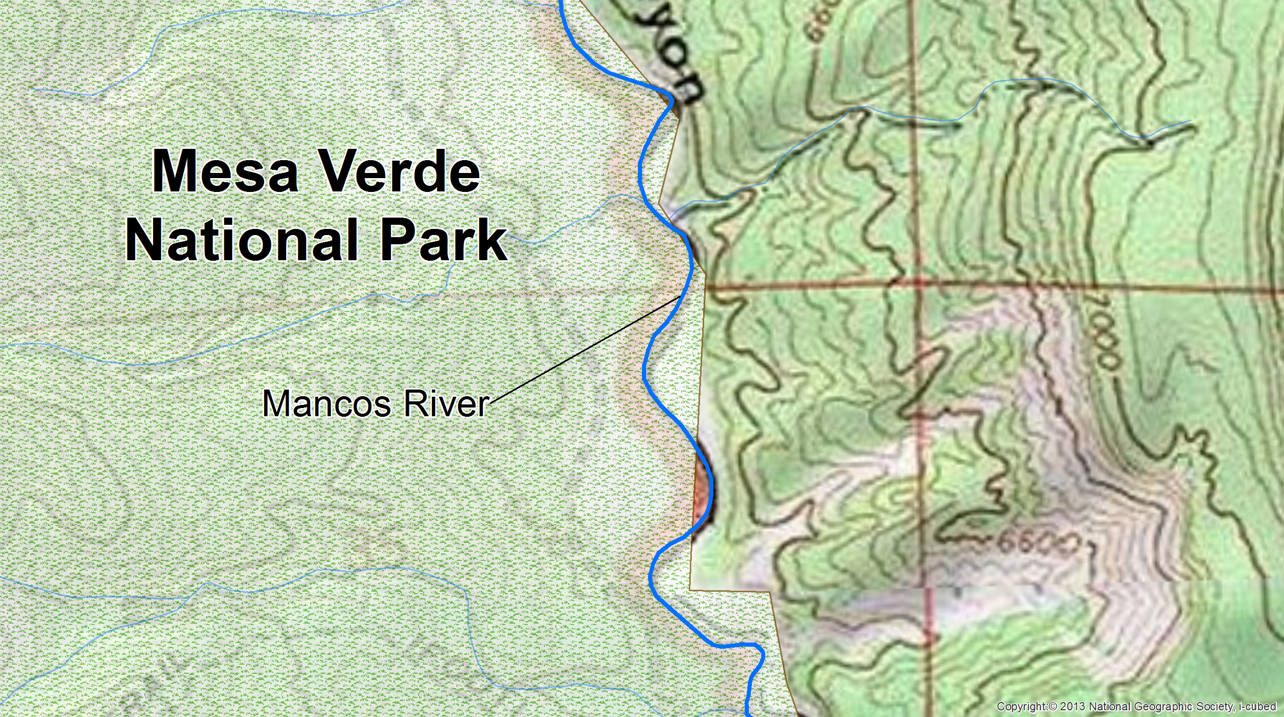 The Mancos River (blue) is contiguous with the Mesa Verde National Park boundary and therefore, marked as adjacent.