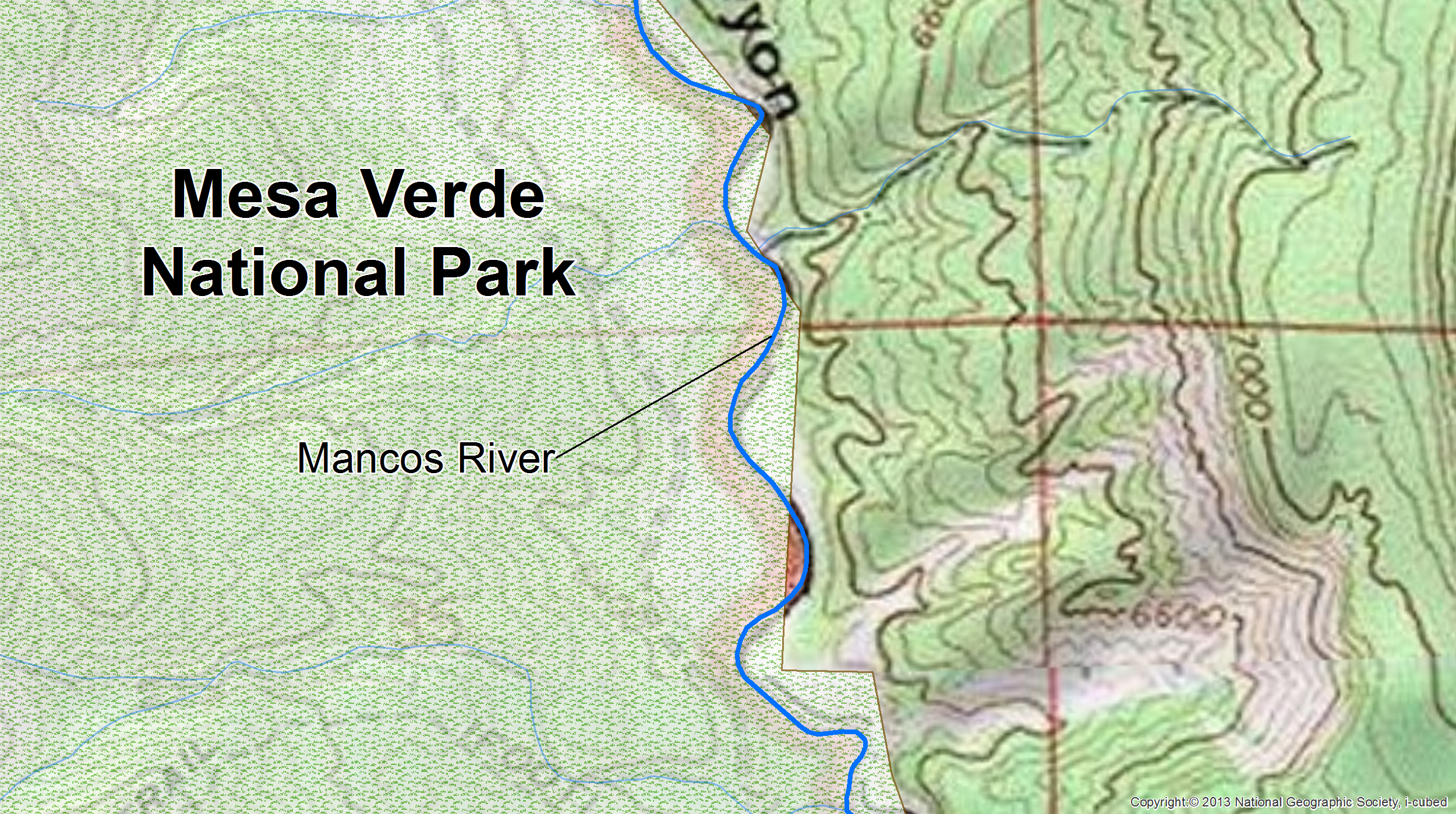 lt= The Mancos River (blue) is contiguous with the Mesa Verde National Park boundary and therefore, marked as adjacent.
