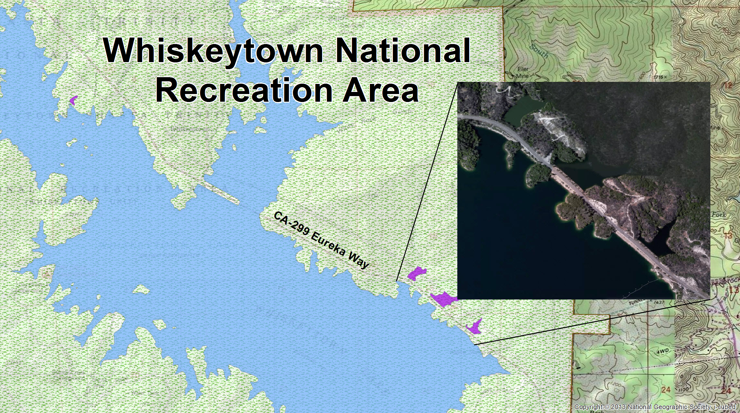 Whiskeytown Lake exists in NHD as seven separate polygons. All seven polygons were assigned identical values in the "LakeCountID" field to account for there only being one Whiskeytown Lake.
