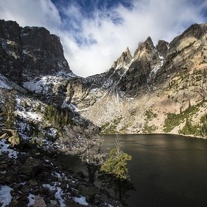 View of glacial lake in mountains.