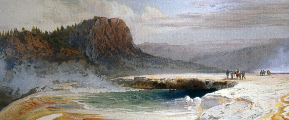 Historic painting of pioneers approaching a geyser.