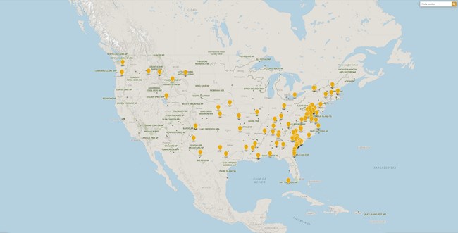 Network Map Map of the United States with 107 orange points of interest, pointing out each of the network sites across the U.S.