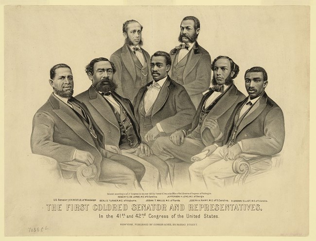 The First Colored Senator and Representatives - in the 41st and 42nd Congress of the United States An illustration of the first African American men in Congress from 1872.