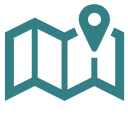 teal icon of road map with pin location