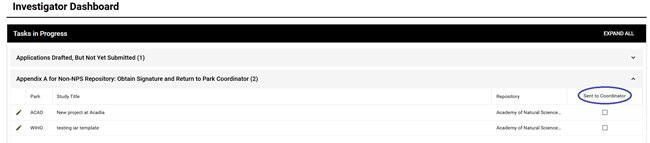 Screenshot of investigator dashboard with a table that lists the title of an application, the name of a museum, and a checkbox to indicate whether Appendix A has been sent to the coordinator.