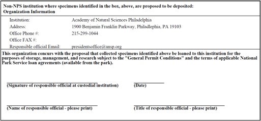 AppendixA3 Middle portion of Appendix A from the permit application pdf file. There is contact information for the repository and spaces for the repostiory official's signature.
