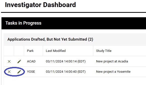 ApplyforResearchPermit1 Screenshot of the list of applications with pencil and X icons highlighted