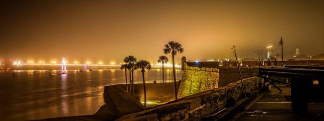A foggy long exposure night shot taken from the gundeck of the Castillo overlooking Matanzas Bay