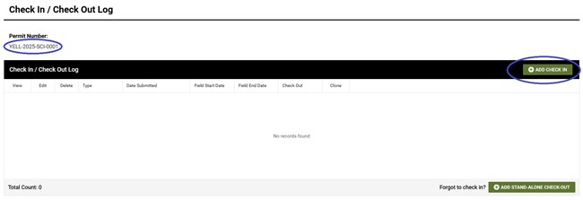 Checkin2 Image of user interface showing permit number and a table of check in reports associated with the permit. An Add Check In button is above the table.
