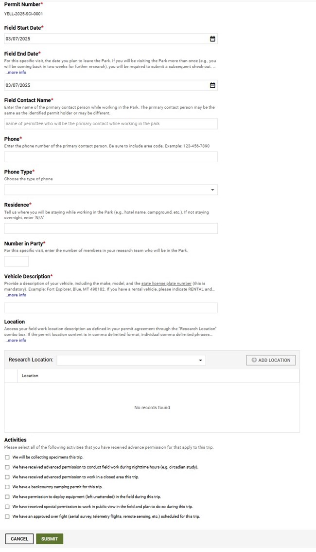 Checkin3 User screen for providing information during the check in process. There are text fields, drop-down menus, and check boxes. There is a submit button at the bottom.